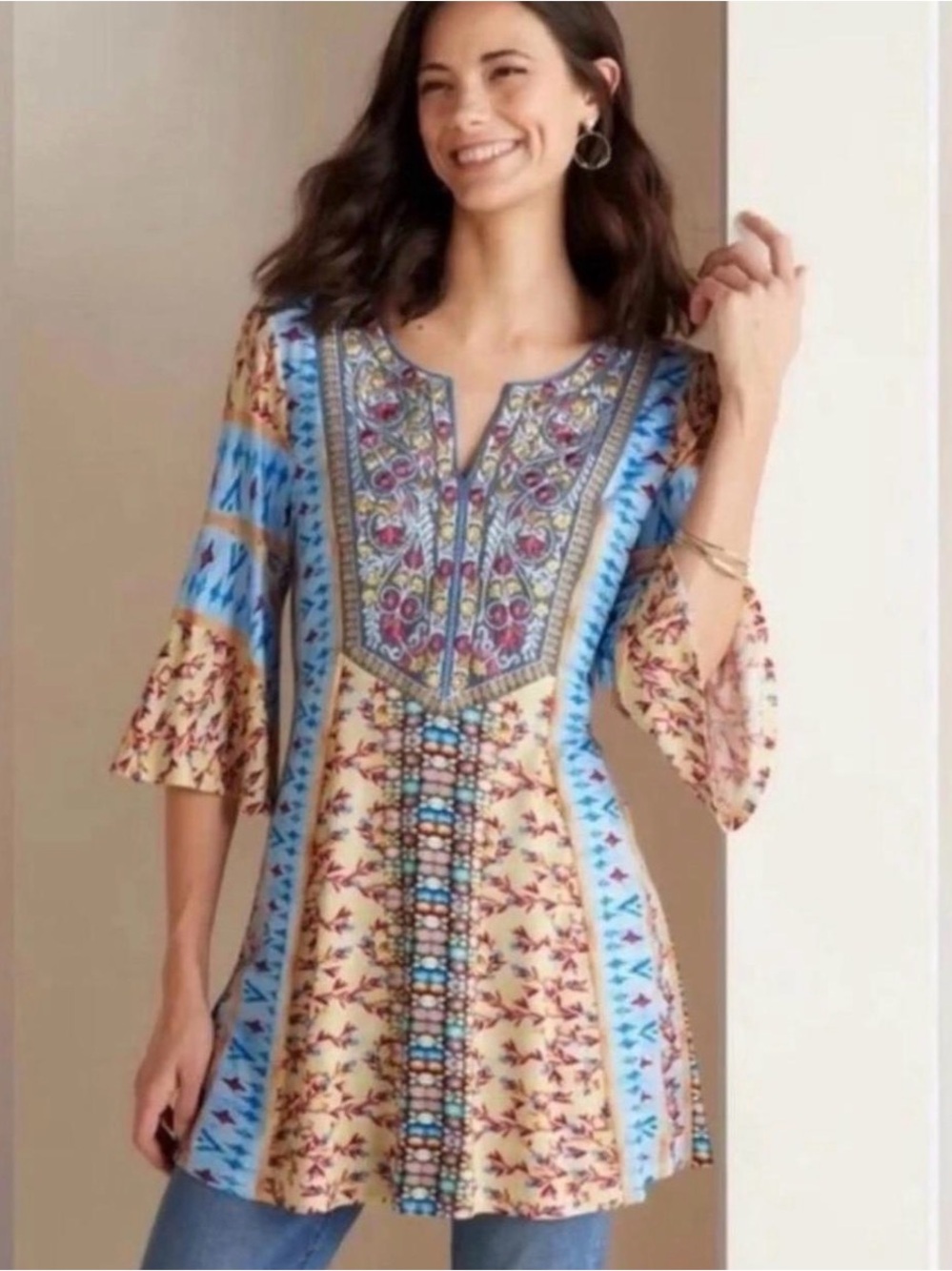 Soft Surroundings Embroidered Tunic Top Bell Sleeve Bohemian Blouse Size Mp, EUC
